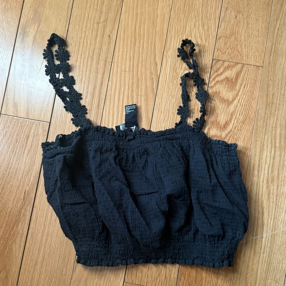 Black Smocked Crop Top with Floral Lace Straps